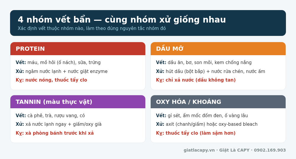 Bảng tra 4 nhóm vết bẩn quần áo: protein, dầu mỡ, tannin, oxy hóa